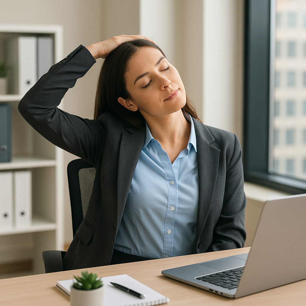 Professional woman in Utah office performing a neck release stretch at her desk. Workplace wellness and desk stretches for better posture in Utah’s Silicon Slopes.