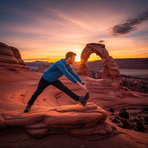 A male hiker executes a perfect standing hamstring stretch on a red rock formation, demonstrating flexibility for hikers with Delicate Arch visible behind him during a vibrant Utah sunset. This showcases a key stretch for post-hike recovery.