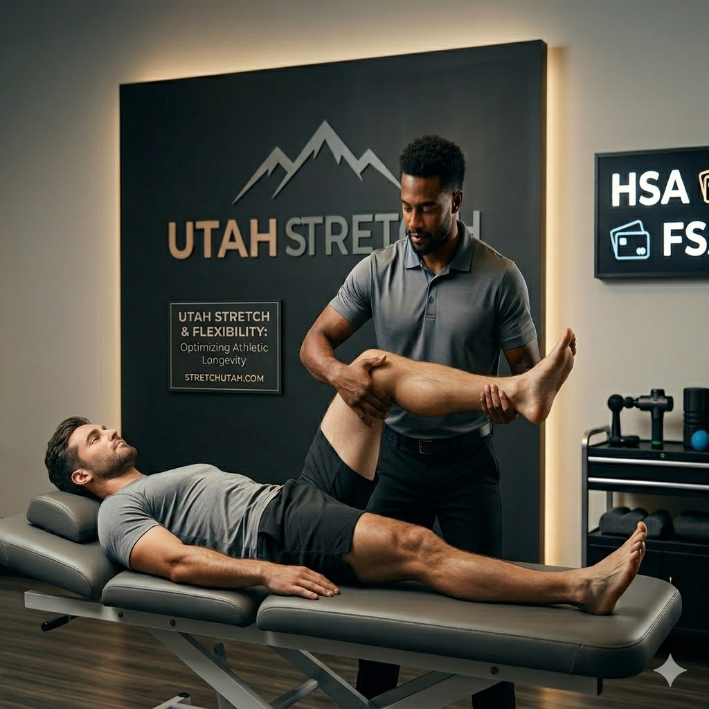 Movement Specialist guiding a client through assisted PNF stretching at Utah Stretch & Flexibility in Midvale.