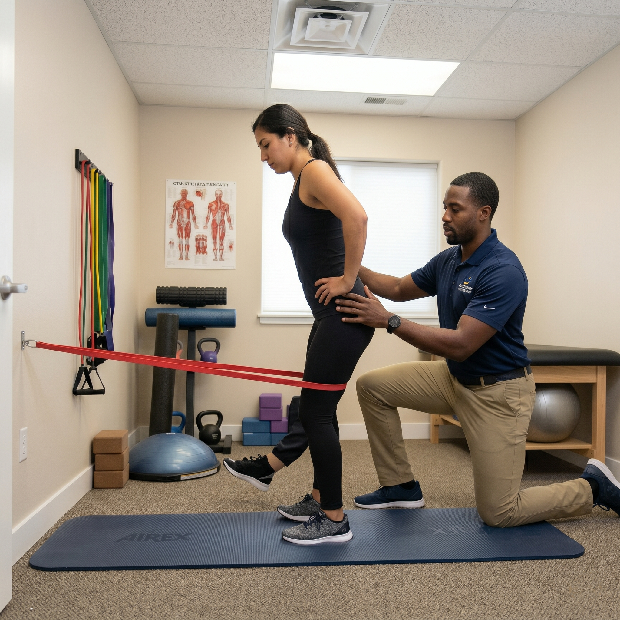 Corrective Exercise A candid photograph of a Black male corrective exercise specialist in a branded navy blue polo and khakis, kneeling to guide a patient in a smaller, clinical assessment room.