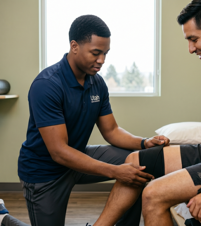 A Utah Stretch therapist wearing a blue polo shirt and grey pants kneels on a clinic floor while wrapping a black compression band around the upper thigh of a male patient. The patient sits on a padded treatment bench, smiling as he looks down at his leg. Hanging resistance bands on a wooden wall and a window view are in the background.