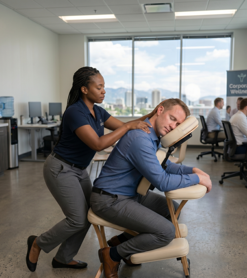 A Utah Stretch and flexibility therapist stretching a corporate client in a massage chair.