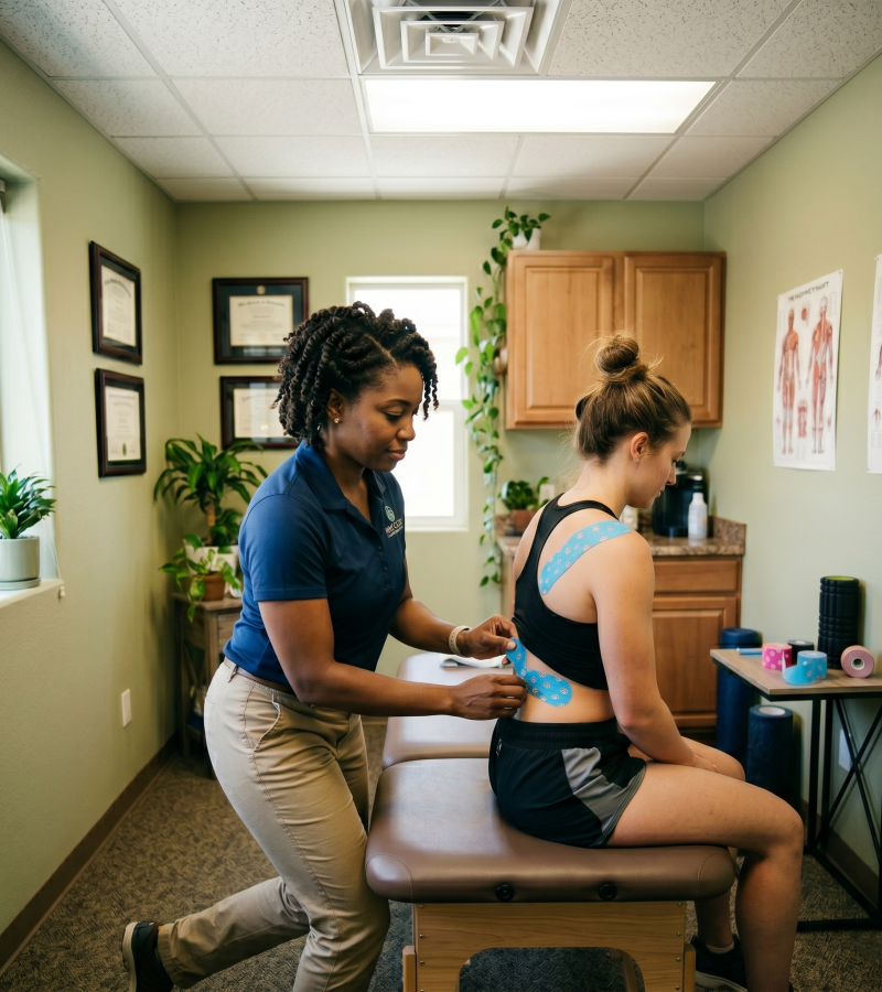 . A Black female physical therapist, with coily natural hair in a blue polo and khaki pants, is kneeling and applying patterned blue kinesiology tape to the lower back of a patient.